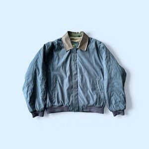 Club Room Leather Collar Bomber Jacket Blue Fleece Lined Vintage Style